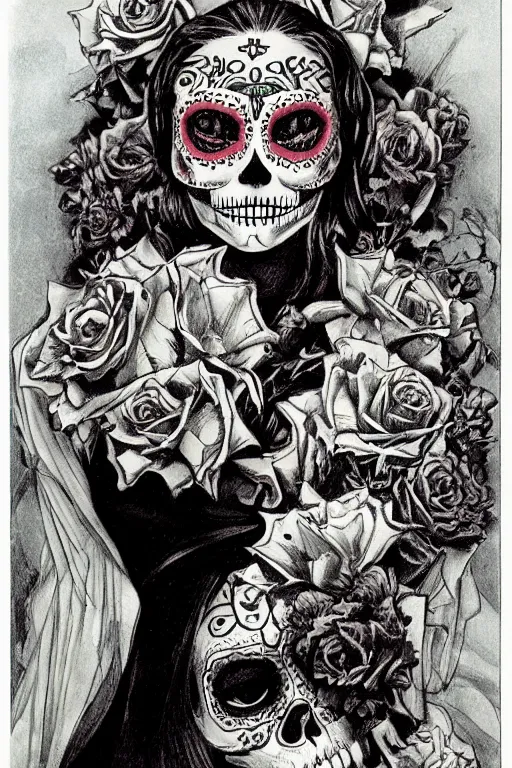 Image similar to Illustration of a sugar skull day of the dead girl, art by bernie wrightson