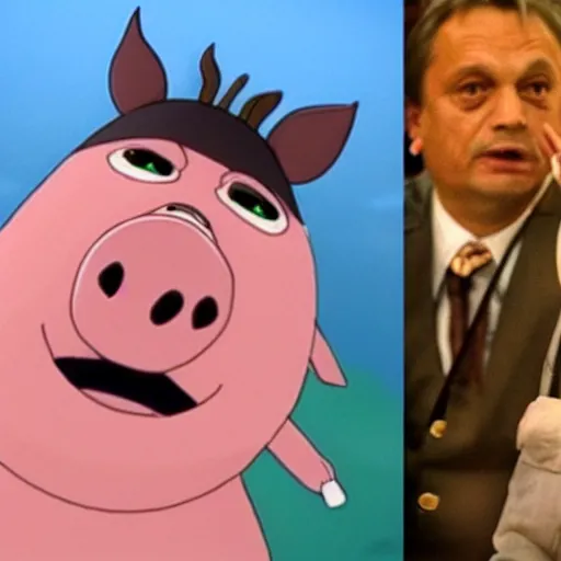 Image similar to viktor orban as a pig in a studio ghibli movie, screenshot