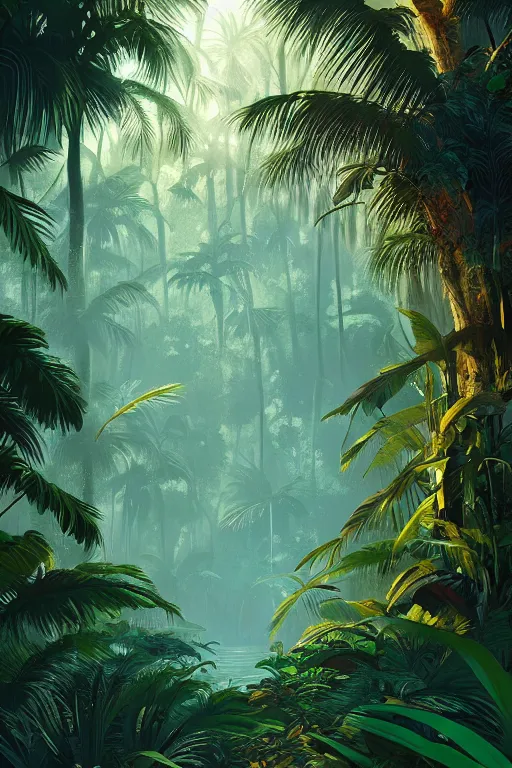 Prompt: a tropical forest near the mangrove of florida everglades, tone mapped, shiny, intricate, cinematic lighting, highly detailed, digital painting, artstation, concept art, smooth, sharp focus, illustration, malika favre