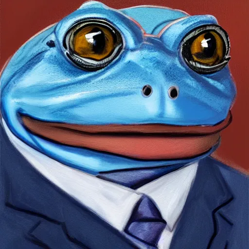Prompt: a portrait painting of an anthropomorphic blue frog wearing a suit sitting in an office, very detailed, very intricate,