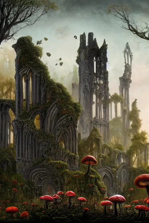 Image similar to a beautiful digital illustration painting of a detailed gothic fantasy ruins and roots, dark mushroom, flowers by benoit b. mandelbrot, steven belledin, martin johnson heade, lee madgwick, caspar david friedrich, and david rios ferreira. 8 k resolution trending on artstation concept art digital illustration