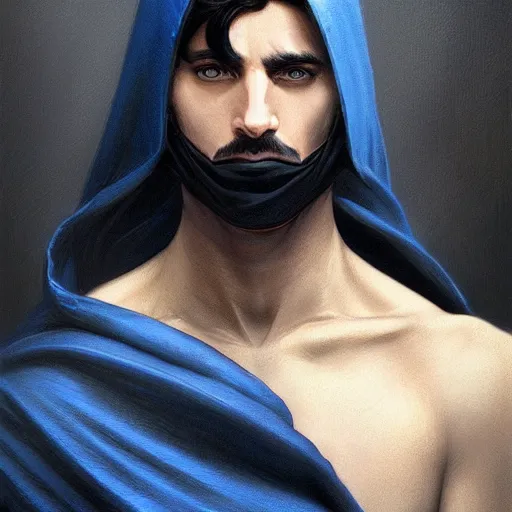 Prompt: ultra realistic illustration, man with black hair with a black mask, in blue hood, highly detailed, digital painting, artstation, concept art, smooth, sharp focus, illustration, art by artgerm and greg rutkowski and alphonse mucha