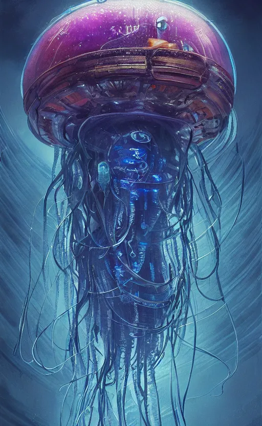 Image similar to Panorama hyper detailed painting of a cyberpunk jellyfish, blue tones, underwater, 8 mm, highly detailed, digital painting, artstation, concept art, smooth, sharp focus, illustration, art by artgerm and greg rutkowski and alphonse mucha