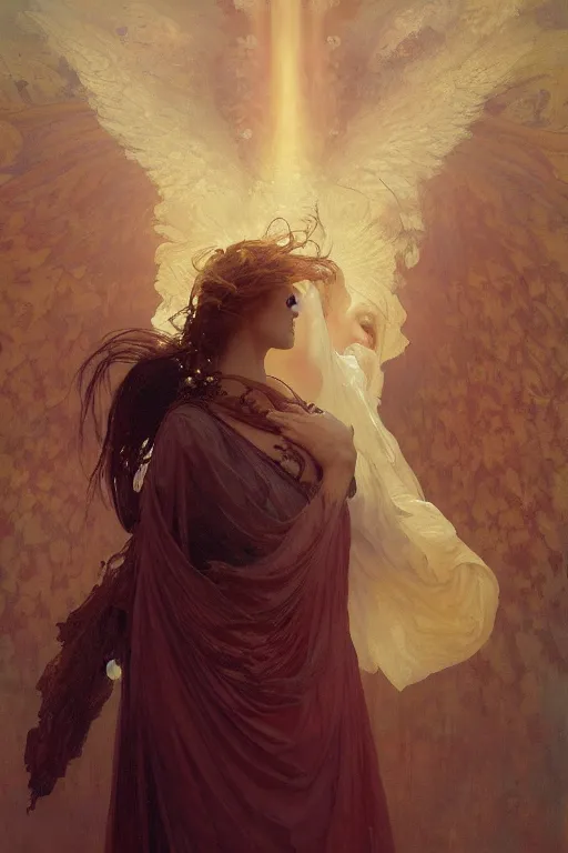 Prompt: by the beating of wings and the din of the death of the day, Between heaven and elegance long are the shadows of dreams., by greg rutkowski, Ilya repin, alphonse mucha, and Edmund Blair Leighton A dramatic painting, oil on canvas, baroque, beautiful lighting, trending on Artstation, Highly detailed