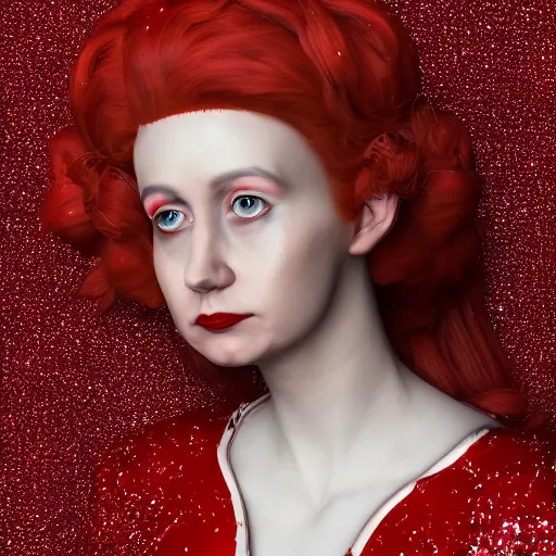 Image similar to victorian lady eating a burger, full body, intrincate, red and white, glitter, depth of field, 8k, hyper detailed, trending on artstation