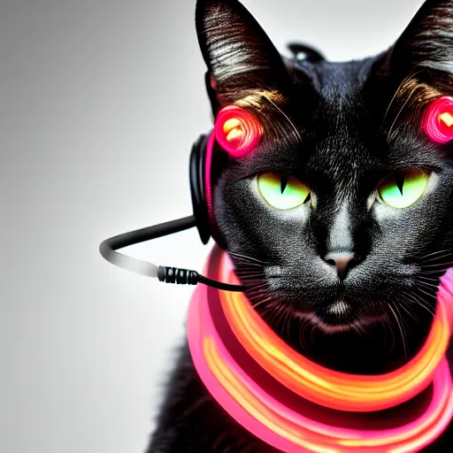 Image similar to a cat wearing headphones,studio photograph,professional photography,professional lighting,3 point lighting,detailed face,hyperdetailed,photorealistic,4k,neon lights