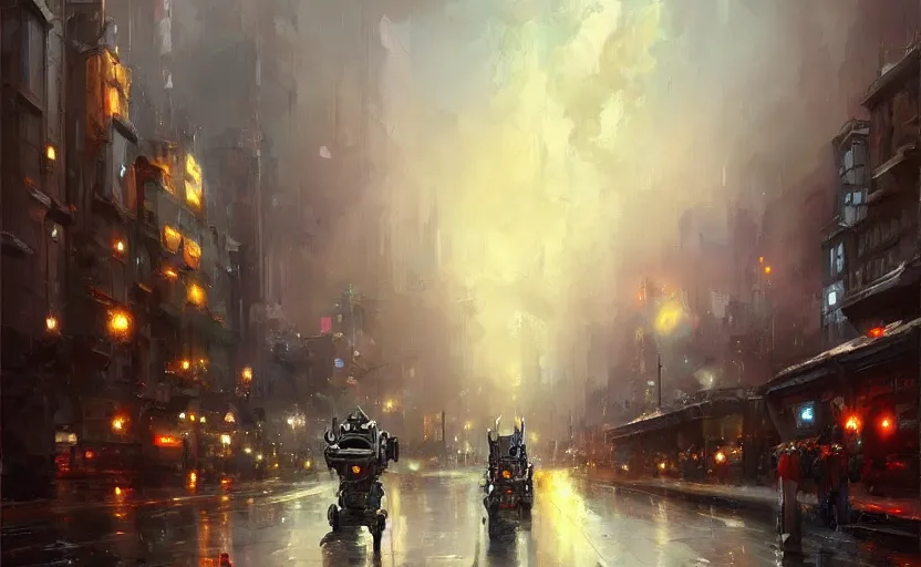 Prompt: Alchemy mech robot gloomy city. By Konstantin Razumov, highly detailded