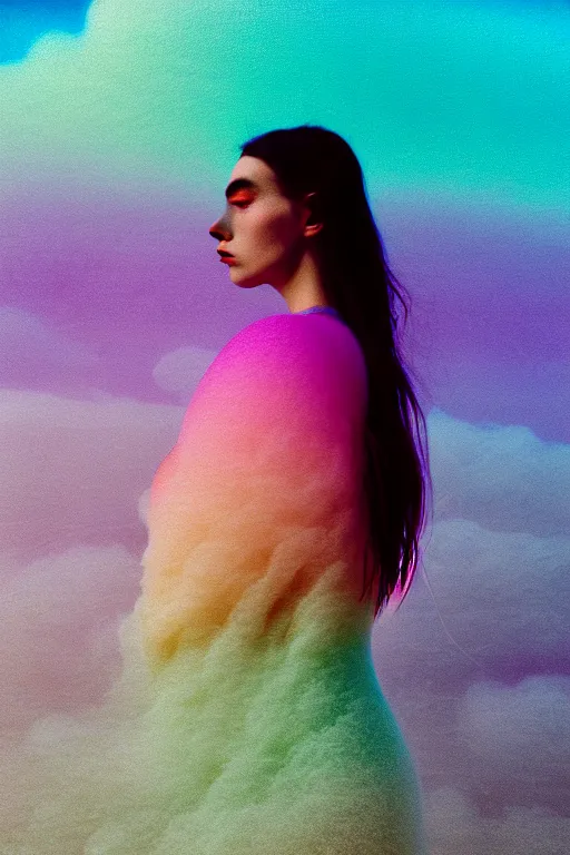 Image similar to high quality pastel coloured film close up wide angle photograph of a model wearing clothing swimming on cloud furniture in a icelandic black rock!! environment in a partially haze filled dreamstate world. three point light, rainbow. photographic production. art directed. pastel colours. volumetric clouds. pastel gradient overlay. waves glitch artefacts. extreme facial clarity. 8 k. filmic.