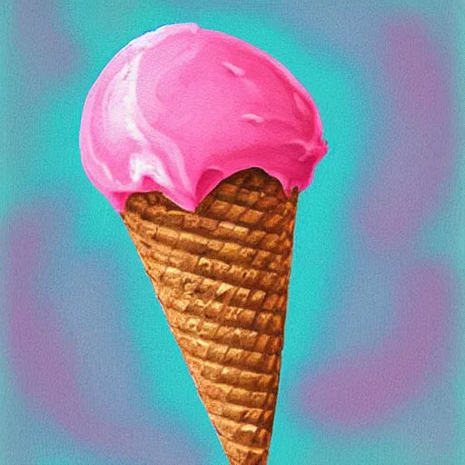 Image similar to happy smiling pink ice cream cone, blue waffle cone digital painting, intricate, high definition