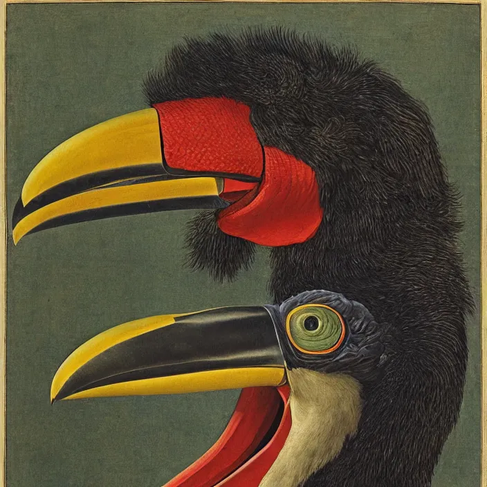 Image similar to close up portrait of a mutant monster creature with exotic toucan beak, twenty arachnid eyes, fair skin tone. by jan van eyck, walton ford