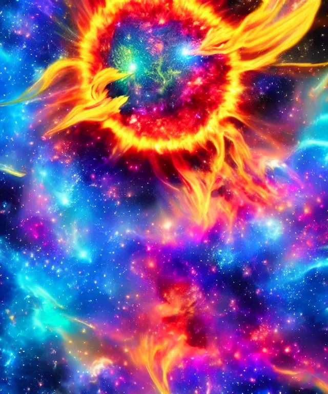 Image similar to blackhole sun, space, photorealistic, bright colors, phoenix flames, nebula clouds, soft tones