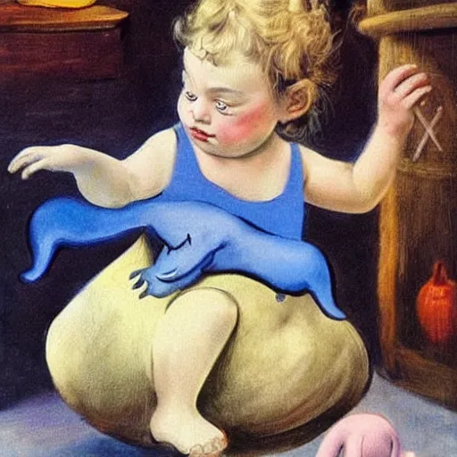 Image similar to A 2 year old girl playing with blue piglet, blond hair. Painting by Salvador Dali