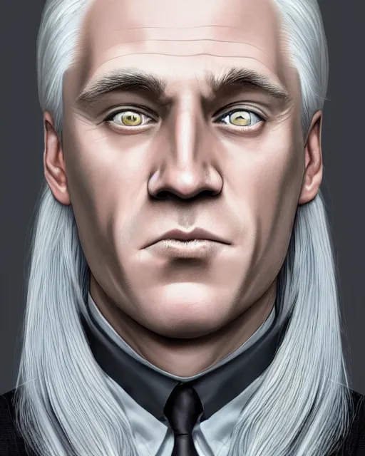 Image similar to portrait of 4 0 - year - old man with white hair with a pale complexion, pointed face and grey eyes, malfoy, clear smooth face, no beard, wearing all black clothes, haughty facial expression, hyper realistic face, beautiful eyes, character art, art by mark brooks, hyperdetailed, cryengine, trending on artstation, digital art