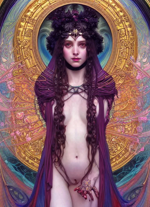 Image similar to hyper detailed masterpiece succubus girl enchantress by donato giancola and tom bagshaw, face by artgerm and edmund leighton, and alphonse mucha, trending on artstation, colorful, psychedelic aesthetic, ornate, background by gustav klimt, 8 k, biomechanical, majestic, volumetric lighting, porcelain skin, concept art, sharp focus