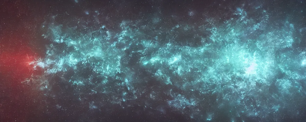 Image similar to dark galaxy panorama, fluid simulation, realistic lighting, dynamic lighting, space hive, octane render, houdini simulation, volumetric lighting, chiaroscuro, minimalist, color graded, cinematic lighting, deep, cinematic, bokeh, cinematic lut, trending on artstation, hyper - realistic