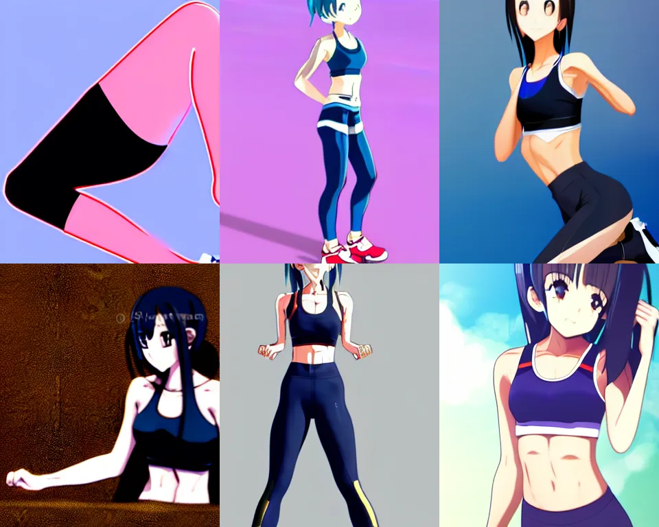 Prompt: beautiful anime girl squatting, sport bra and dark blue shorts, slim legs, looking at the viewer, drinking water, sweatingm simple white background, artstation, fine details, athletic body proportions, kyoani, high resolution, 4k, composition, ultra realistic