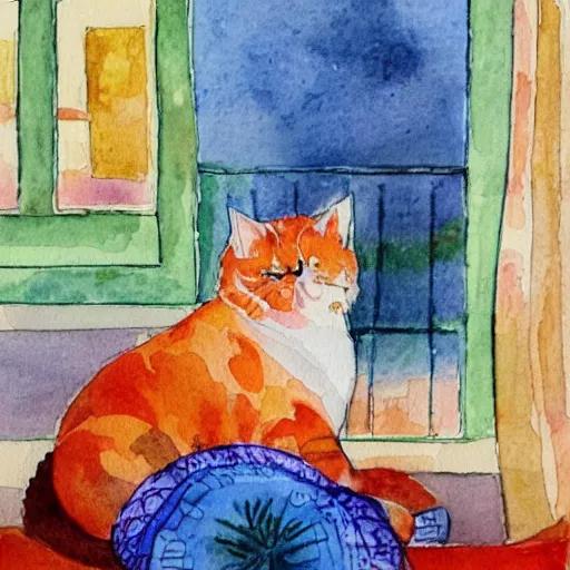 Image similar to A fat, cute orange cat in a beautiful room, cozy, watercolor on paper by ANNA LEA HUCHT, details, lights, beautiful