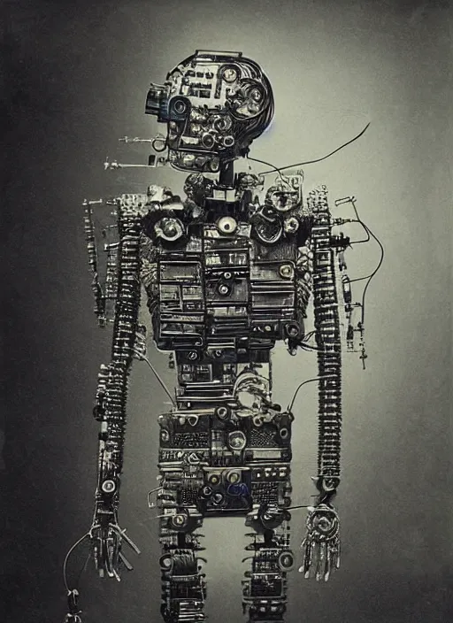 Image similar to old wetplate daguerreotype portrait of futuristic cyborg robot made from small screws and electrical wire, explosion of data fragments, fractal, intricate, elegant, highly detailed, parallax, leica, medium format, subsurface scattering, by jheronimus bosch and greg rutkowski and louis jacques mande daguerre