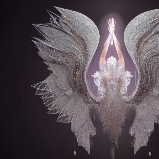 Prompt: Mesmerizing ethereal Y2K crystal chandelier inspired wings full of swirls, couture, hyperdetailed, artstation, cgsociety, 8k