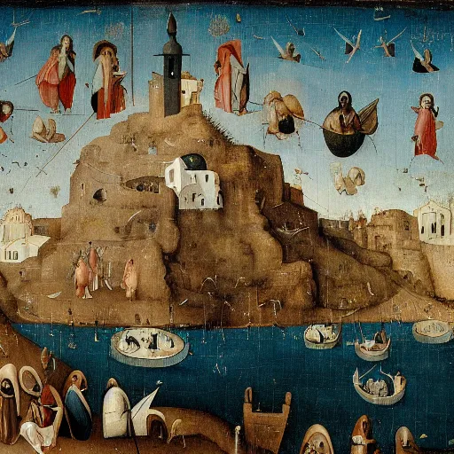 Prompt: santorini in the style of hieronymus bosch