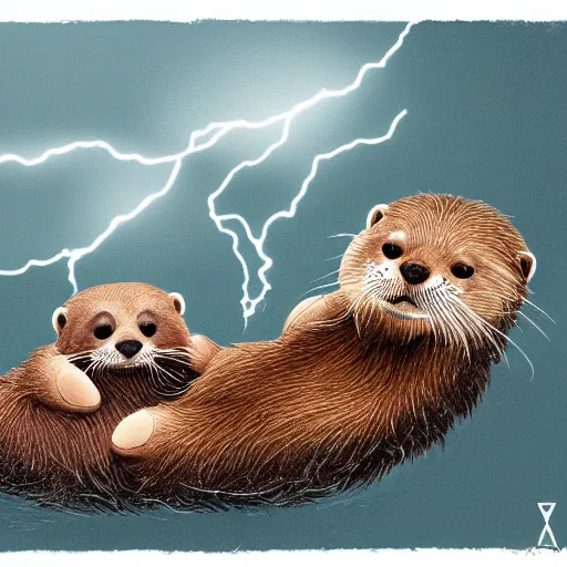 Prompt: illustration hyper detailed cute otters holding hands in a huge storm cinematic trending on artstation masterpiece