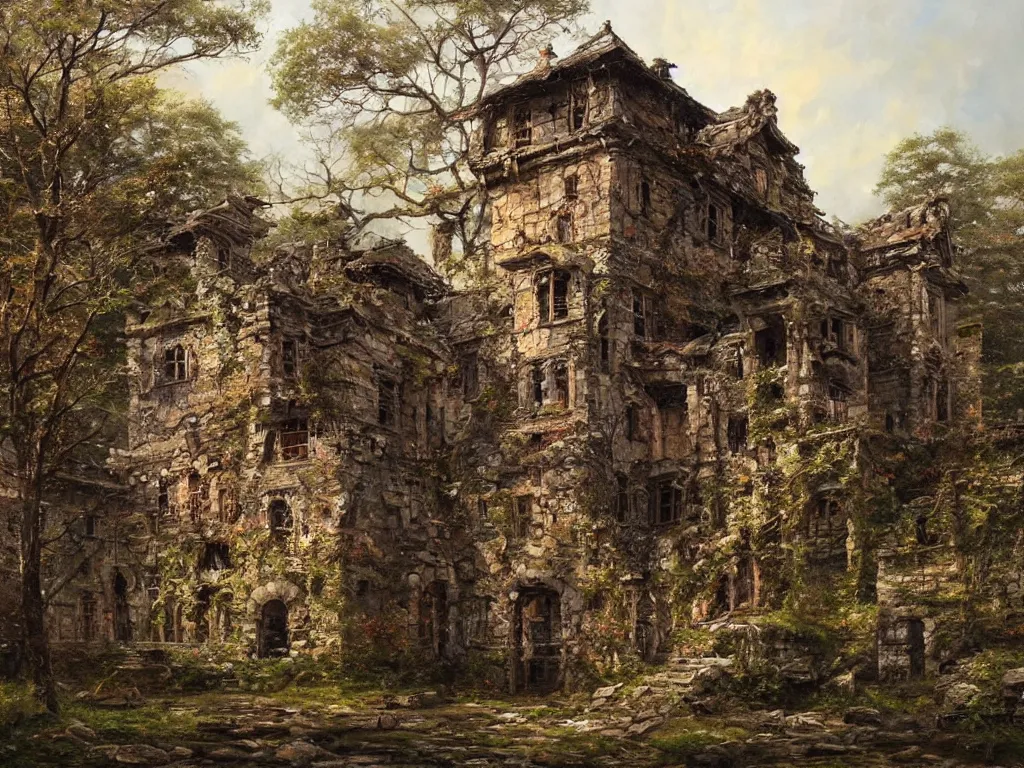 Image similar to A beautiful painting of a dilapidated ancient castle building in the wood, by Noriyoshi Ohrai, Trending on artstation, very detailed