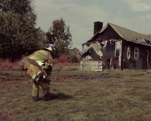 Image similar to a movie still from 'A Goose Set my House on Fire', 40mm tape, technicolour film, goose in foreground!!!!, housefire, letterboxing, widescreen