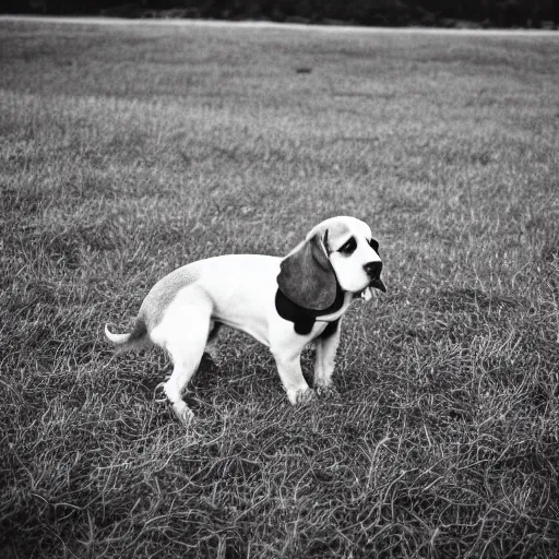 Prompt: depressed beagle in a field, movie still, photography, DSLR 35mm, low light photography, sadness