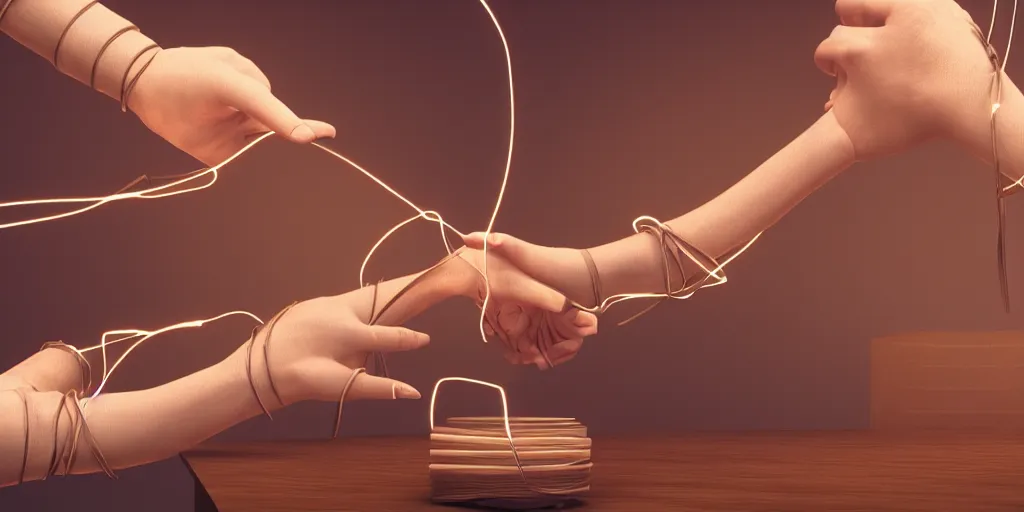 Prompt: a beautiful illustration of two hands touching, bound by a glowing hot wire wrapped around the wrists, background a wooden table surface, bird's view, octane render, 8 k, artstation