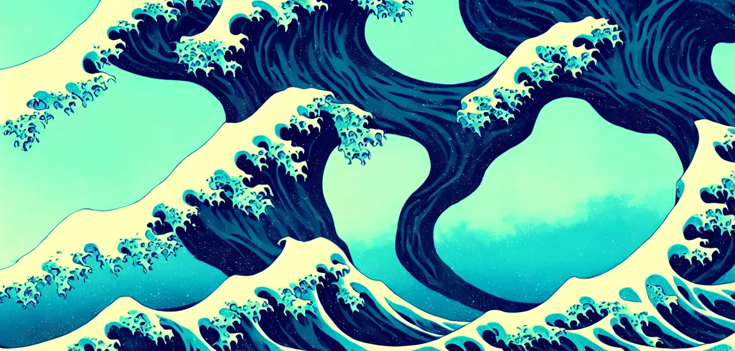 Prompt: A tree in the shape of the great wave off kanagawa, detailed, concept art, low angle, high detail, warm lighting, volumetric, godrays, vivid, beautiful, trending on artstation, by Jordan grimmer, huge scene, grass, art greg rutkowski