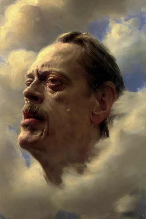 Image similar to beautiful detailed expressive impressionistic oil painting portrait of ancient roman god emperor steve buscemi ascending into the clouds wearing the civic crown, renaissance painting, art by anders zorn, wonderful masterpiece by greg rutkowski, expressive brush strokes, beautiful cinematic light, american romanticism by greg manchess, jessica rossier