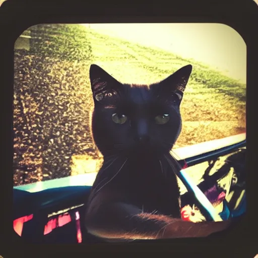 Image similar to black cat in a rollercoaster. the cat is enjoying the ride. sunlight. polaroid photo. saturated colors. selfie