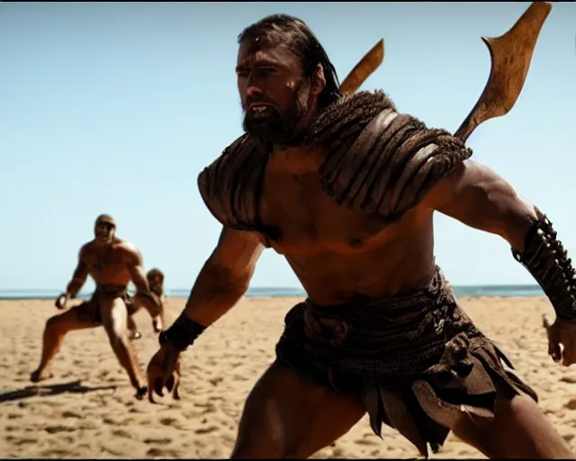 Image similar to spartan sprinting on australian beach, epic award winning action cinematic still from the movie 3 0 0, noon lighting, unarmed