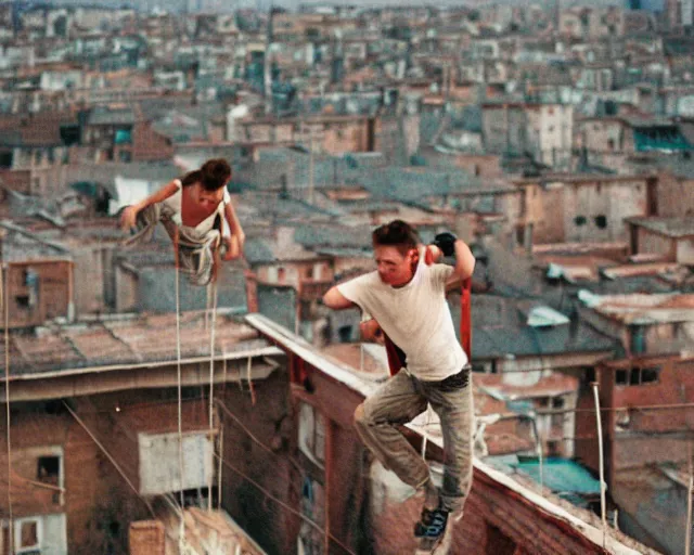 Image similar to lomo photo of roofjumpers climbing on roof of soviet hrushevka, small town, cinestill, bokeh, out of focus