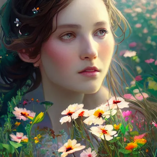 Image similar to girl smelling colorful flowers, spring garden, highly detailed, digital painting, cgsociety , concept art, sharp focus, illustration, art by artgerm and greg rutkowski and alphonse mucha