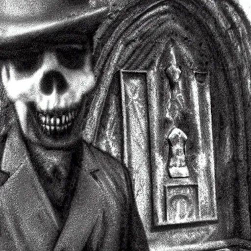 Image similar to cctv security cam grainy black and white footage of baron samedi in an spooky graveyard. baron samedi is looking at the camera.