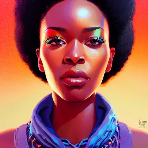 Image similar to afrofuturism woman with a cute - fine - face, pretty face, oil slick hair, realistic shaded perfect face, extremely fine details, by realistic shaded lighting, dynamic background, poster by ilya kuvshinov katsuhiro otomo, magali villeneuve, artgerm, jeremy lipkin and michael garmash and rob rey, and silvain sarrailh