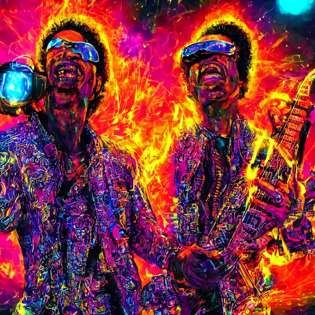 Prompt: Cyberpunk Jimmy Hendrix with Mohawk in the head and using a vr headset while playing guitar in a ring of fire, psychedelic background, saturated colors, high definition