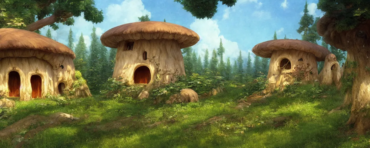 Prompt: ghibli illustrated background of a mushroom shaped house by eugene von guerard, ivan shishkin, john singer sargent, 4 k