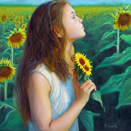 Image similar to a girl smelling one of sunflowers in an amazing tall sunflower field, hair flowing, fog, early morning lightning, subtle, intricate details, real masterpiece, oil on canvas, by franz kafka