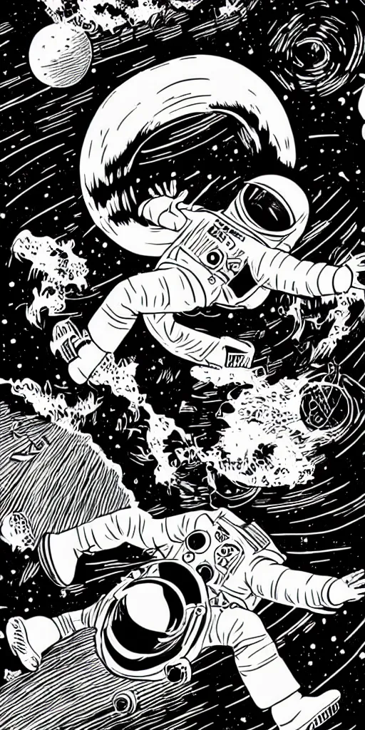 Image similar to mcbess poster in full color, astronaut drifting into a black hole