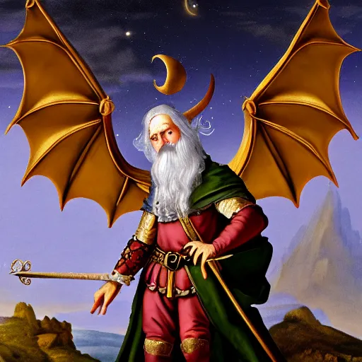 Image similar to baroque painting of a medieval dragon dressed as a wizard, the dragon has a long white beard, crescent moon in the background, detailed fullbody portrait, 8K HD image