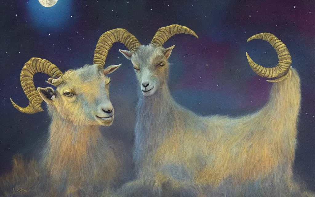 Image similar to satanic goat golden fur in silver desert at night (ethereal) (iridescent), award winning oil painting, lunar color palette