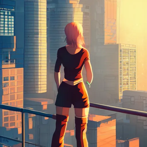 Image similar to a girl stands on top of a multi-storey building, anime style, 4k, cyberpunk city in the background, HD, artstation, very detailed, by Ilya Kuvshinov