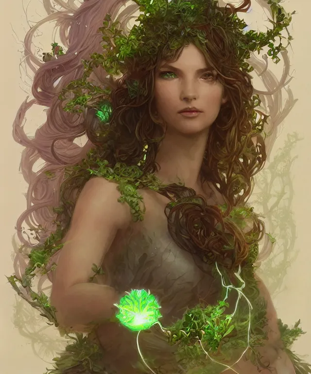 Image similar to a woman spore druid with leaf and vine themed clothing, fully clothed, glowing energy, D&D, fantasy, intricate, cinematic lighting, highly detailed, digital painting, artstation, concept art, smooth, sharp focus, illustration, art by Artgerm and Greg Rutkowski and Alphonse Mucha