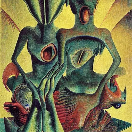 Prompt: strange mythical beasts of whimsy, dark uncanny surreal colllage by max ernst