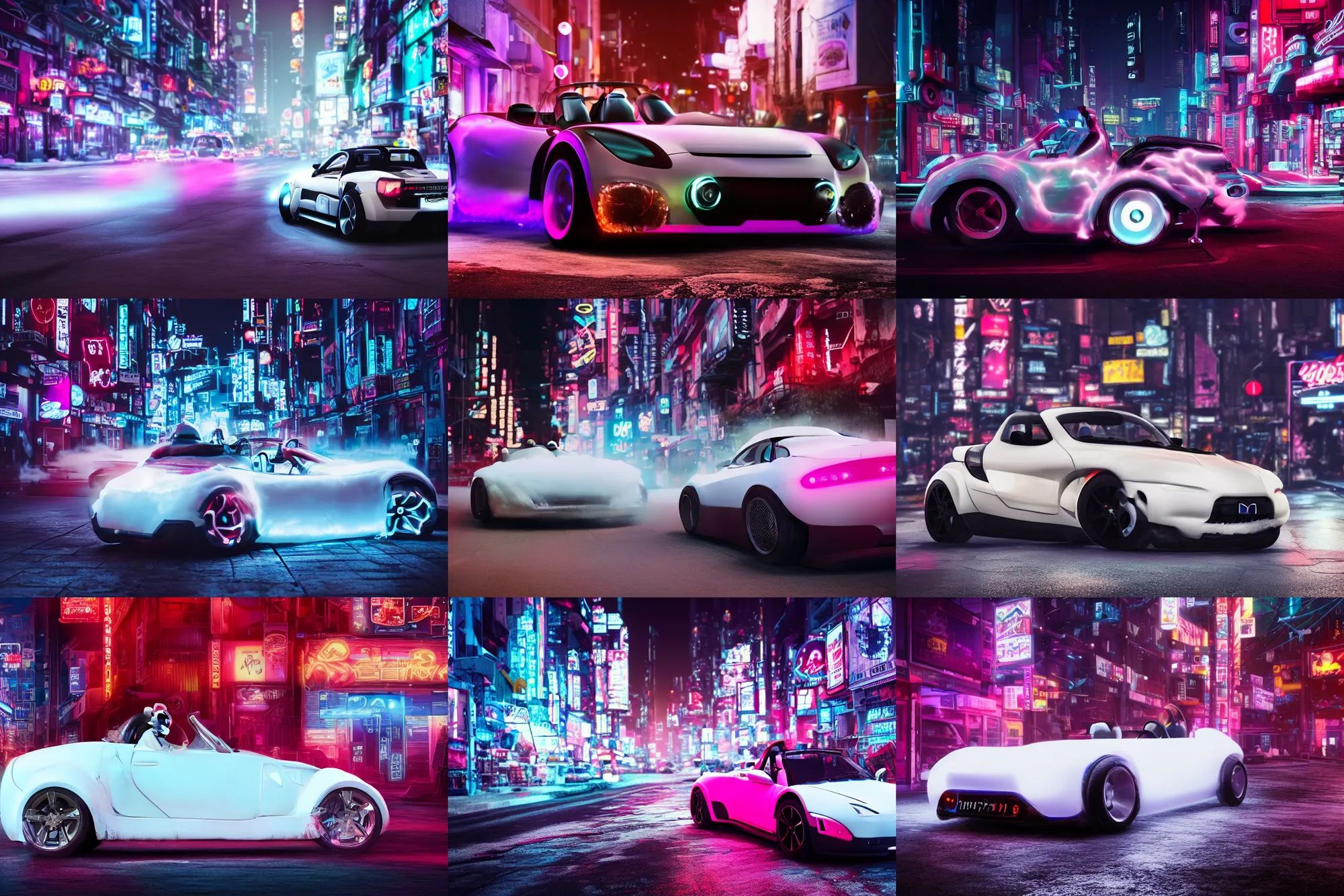 Prompt: a extremely cool roadster covered with white fur in the street, panda driver, Cyberpunk, neon light, 4k, hd, highly detailed