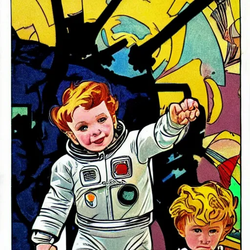 Image similar to a cute little boy with a mischievous face and short ginger hair. he is dressed as an astronaut. well composed, clean elegant painting, beautiful detailed face. comic book art by steve ditko and jack kirby and ( alphonse mucha )