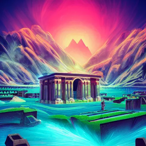 Image similar to ancient peruvian structure, retrowave epic art, trending on art station