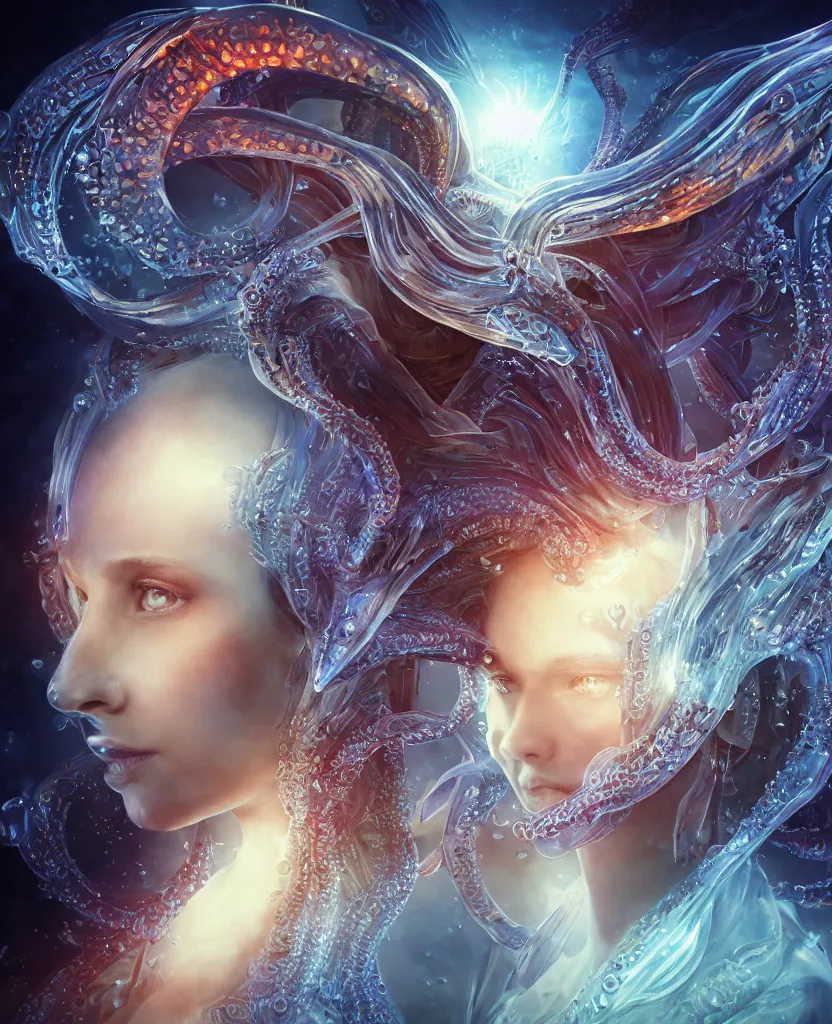 Image similar to epic medieval futuristic close-up macro portrait of the face of a beautiful princess, epic angle and pose, symmetrical artwork, 3d with depth of field, blurred background, cybernetic jellyfish female face skull phoenix bird, translucent, nautilus, energy flows of water and fire. a highly detailed epic cinematic concept art CG render. made in Maya, Blender and Photoshop, octane render, excellent composition, cinematic dystopian brutalist atmosphere, dynamic dramatic cinematic lighting, aesthetic, very inspirational, arthouse. y Greg Rutkowski, Ilya Kuvshinov, WLOP, Stanley Artgerm Lau, Ruan Jia and Fenghua Zhong